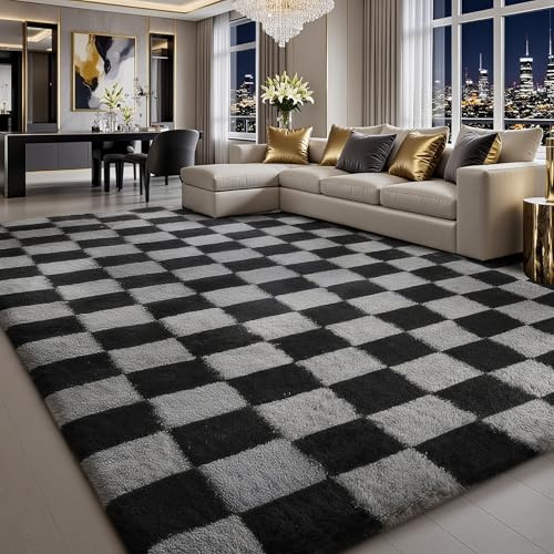 Treeboy Large Rugs Living Room 140x200cm Carpet Checkered Rug for Bedroom | Grey & Black Non-Slip Area Rug,Washable Soft Fluffy Rug, Modern Shaggy Bedside Carpets for Kids Bedroom Nursery Lounge