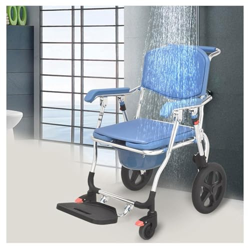 Folding Shower Commode Wheelchair, Commode Toilet Chair with Removable Bucket, 150 kg/330 lbs,4-in-1 Aluminum Rolling Shower Chair with Wheels, Tool-Free Assembly (Blue)