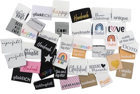 40 Stück Weblabel Set,Webetiketten,Einnählabel,handmade Label,Weblabel mit Spruch,Etiketten zum Einnähen,Nähen,DIY Etiketten,Nählabel,Textiletiketten,Label Glückskind,Nähzubehör,Geschenkidee