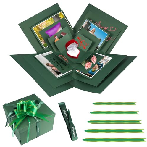 Explosion Box a 5 Strati, Scatola Sorpresa Quadrata, Scatola Foto Regalo Creativa, Scatola Regalo Fai da Te per Compleanno, San Valentino, Matrimonio, Anniversario e Natale, Verde