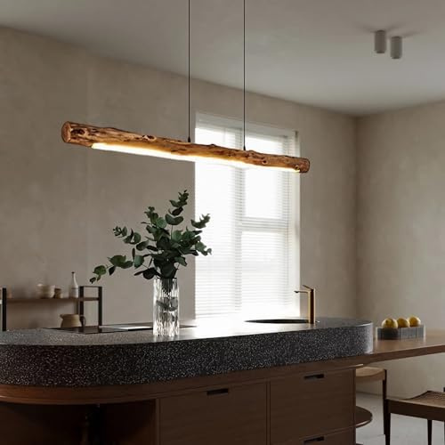 Holz Pendelleuchte Kochinsel Lineare Hängend Esszimmer Lampe LED Kronleuchter Dimmbar Fernbedienung Hängeleuchte für Esstisch Küche Büro Bar Shop Leuchte Modern Höhenverstellbar Hängelampe (100cm)