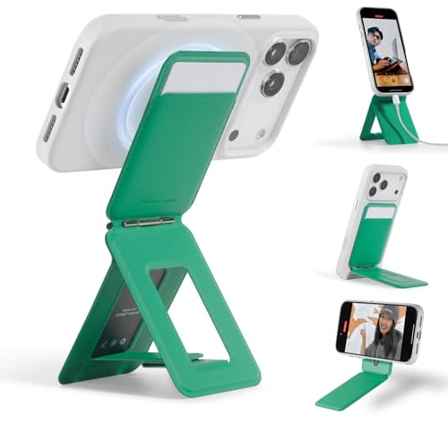 MOFT Trípode para Smartphone, Cartera 3 en 1 y Soporte Ajustable para Teléfono Móvil Soporte Magnético para Tarjetas Mini Trípode, Compatible con NFC, Piel Vegana MOVAS, Verde Oz
