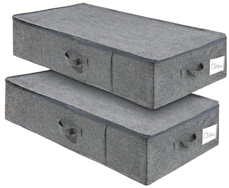 Pomodee förvaringsbehållare under sängen med lock, 2-pack hopfällbar förvaringsorganisatör för underbädd, 50 L, stor underbäddsväska för att organisera kläder, filtar kuddar (grå)
