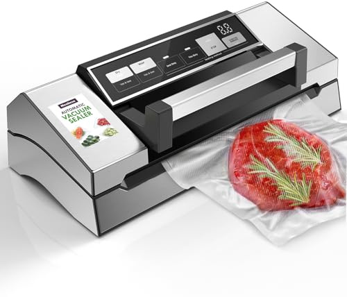Máquina de sellado al vacío Mesliese, Super potente 95kPa de 140W con diseño de mango de sellado de alimentos, cinta de doble sello con Cutter incorporado y pantalla de cuenta atrás, pulso y Marinate