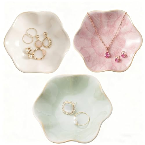 Bustlwor 3 Pièces Plat à Bijoux en céramique, Forme de Fleur Plateau Bijoux, Décoratif Vide Poche Entree, Pour la Décoration Intérieure de Mariage Cadeau (Rose + Vert + Gris)