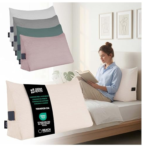 DreamRoots Cuscino Schienale per Letto, Testata e Divano - Cuscino da Lettura Triangolare Testiera Letto Matrimoniale, 70x40x20 cm Velluto a Coste 380 g/m², Fodera Amovibile e Lavabile Crema