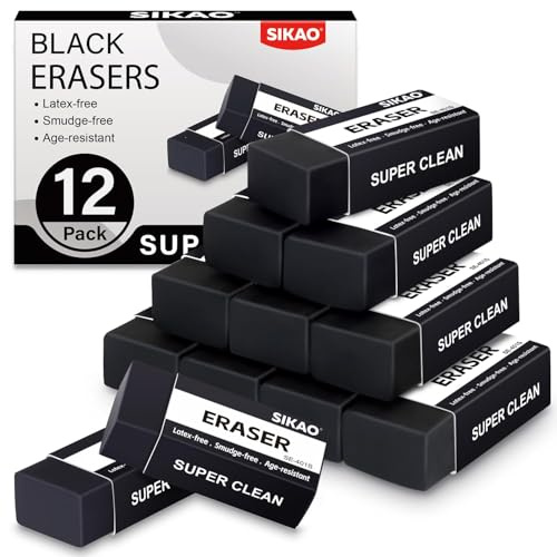 SIKAO Schwarze Radiergummis, 12er Pack – Profi Radierer für Skizzen & Zeichnen, Latexfrei & Rückstandslos – Elegante Block-Radierer für Künstler, Architektur, Studium & Büro | Wischfreie latexfreie Kunst-Radiergummis für erwachsene Künstler, sauber abwischbar für Schule, Hausaufgaben, Büro & Zeichnen