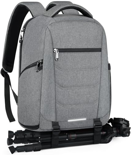 RAINSMORE Sac a Dos Appareil Photo avec Compartiment de 14 Pouces Sac a Dos Photographe avec Housse de Pluie, Sac Appareil Photo Compatible avec Canon Sony Nikon Gris
