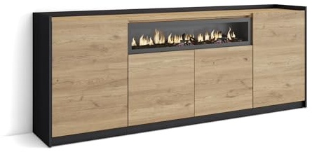Skraut Home | Aparadores para salón | Gran Capacidad de almacenaje | 207x80x37 cm | 4 Puertas | Chimenea eléctrica | Estilo Moderno | Roble y Negro