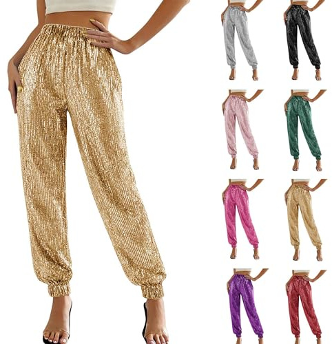 Generisch Glitzer Hose Damen Pailletten Hose Abba Kostüm Elegant 70er Jahre Outfit Karneval Kostüm Faschingskostüme Rave Outfit Glitzerhose Pailettenhose Disco Hosen 70er Klamotten Gold L