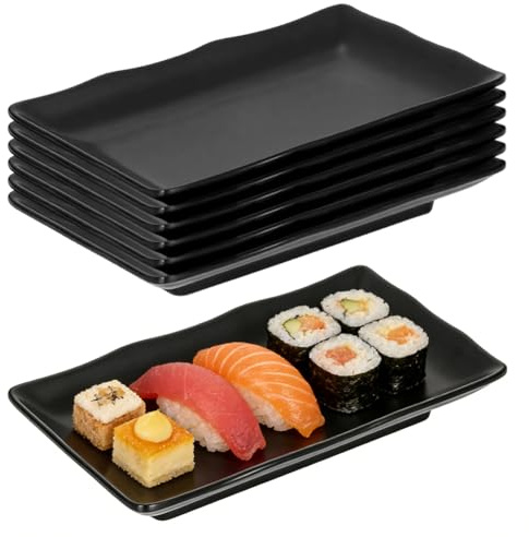 RANJIMA Plato Rectangular, Plato para Servir Negro, Plato de Porcelana Rectangular, Plato pequeño para aperitivos y antipastos para aperitivos, postres, pasteles, sushi, ensalada y mezze (6)