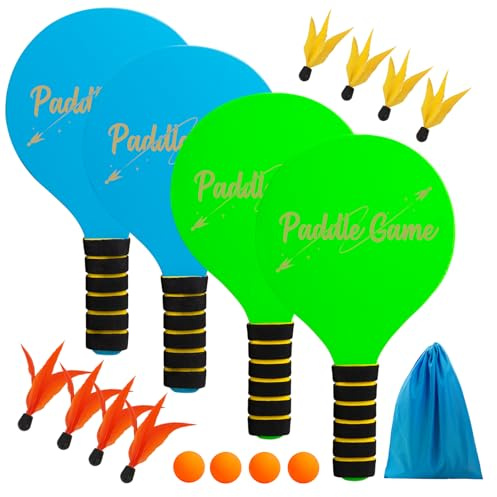 TEILLNET Paddle Ball Set, Outdoor Games for Adults and Family, Badminton Sets for Backyards Yard Game with 4 Rackets 4 Balls 8 Birdies, Beach Toys Pool Lawn Outside Park Camping Family Games Gifts