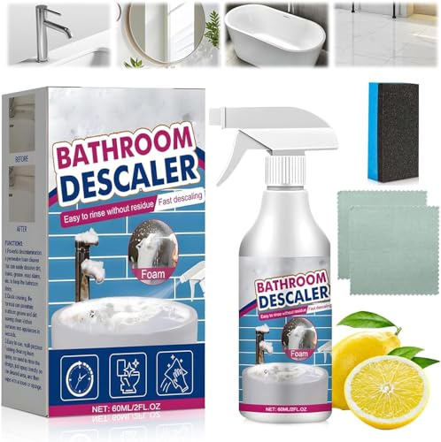 Limescale Remover Foam Spray, Bathroom Descaler Foam Spray, Toilet Cleaning Foam, Bathroom Cleaner Spray for Bathroom and Kitchen, Stubborn Stains Shower Head Cleaner with Sponges and Cloths