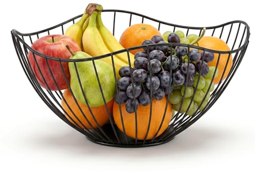 Esoes Black Metal Fruit Bowl Basket 26x12cm Large Rust-Resistant Wire Fruit Holder Durable for Kitchen Counter Modern Home Decor and Table Centerpiece (Deep) (Black, Deep)