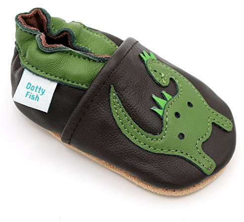 Dotty Fish babyskor av mjukt läder. Grön & Brun Dinosaurie. Pojkar och flickor. Anti halk. 0-6 månader (17 EU)