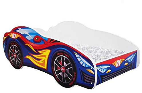 Cama individual para niño, dormitorio, cama coche, niños con colchón AUTO ROSSA- AZZURRO
