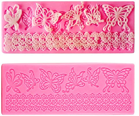 SwirlColor Silikonform Schmetterling Spitze Blumen, 2 Stk Wiederverwendbar Klein Fondant Formen Silikon Backen Kuchendekoration zu Weihnachten Rosa