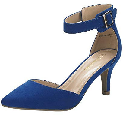 DREAM PAIRS Womens Court Shoes Pointed Toe Low Kitten Heel Ladies Pumps Ankle Strap Dress Sandals,Size 7,Royal/Blue,LOWPOINTED