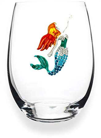 THE QUEENS' JEWELS Weinglas ohne Stiel, 595 ml, einzigartiges Geschenk für Frauen, Geburtstag, niedlich, lustig, Strand, nicht bemalt, dekoriert, glitzernd, verziert, mit Strass