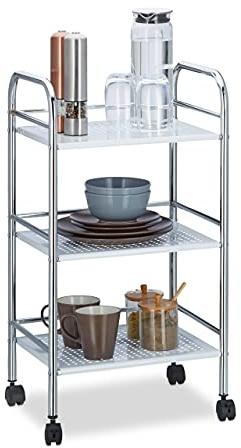Relaxdays Metal Home Serving Cart with 3 Shelves, Tiers Kitchen Trolley with Handles, Side Cart HxWxD 75x40.5x31 cm, White
