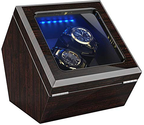 High End Double Watch Winder for Rolex with Soft Flexible Watch Pillows, Blue Led Light, Open and Shut Down Featured, Pine Bark Pattern, Two Extra Over Size Watch Pillows Included
