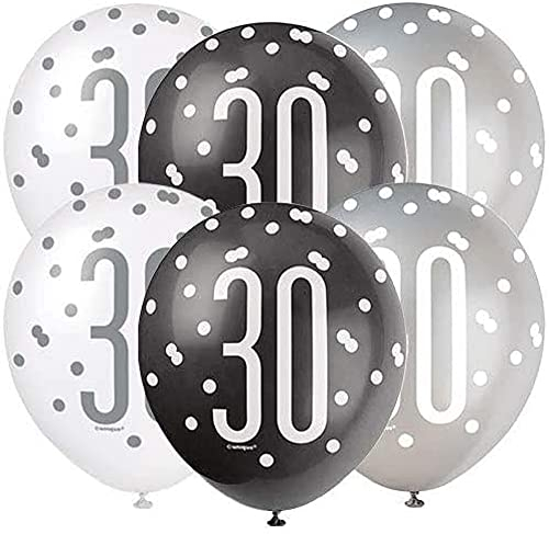 Stunning Glitz Black, Silver & White Latex Balloons for 30th Celebrations (30cm) - Perfect for Elegant Celebrations - 6ct