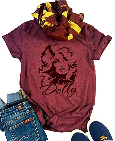 Dolly Graphic Tees Women Summer Funny Vintage T Shirt Retro Casual Country Music Shirt Tops for Band Music Lovers, Red, Large