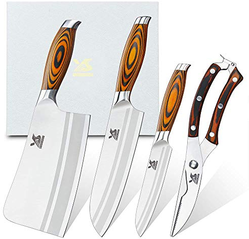 MSY BIGSUNNY 4-teiliges Küchenmesserset, Hackmesser, Santokumesser, Allzweckmesser, Geflügelschere - Asiatisches Messerset Deutscher Stahl zum Mehrzweckschneiden - Tang Series
