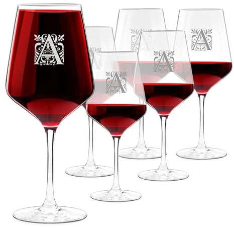 Maverton 6 Verres à Vin XL pour elle, Verres gravés 530ml | Verre Personnalisé à Vin Rouge et Blanc, Cadeau d’anniversaire pour chaque Femme, Cadeau Femme Personnalisé, Initiale