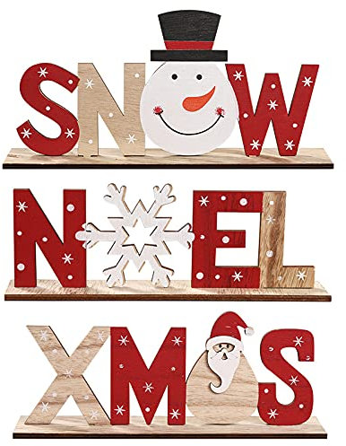 3 Pcs Christmas Wood Sign XMAS SNOW NOEL Wood Tabletop Decoration Christmas Table Top Sign Plaque Wooden Assembled Ornament Santa Snowman Snowflake Decorative Table Sign for Home Table Room Office