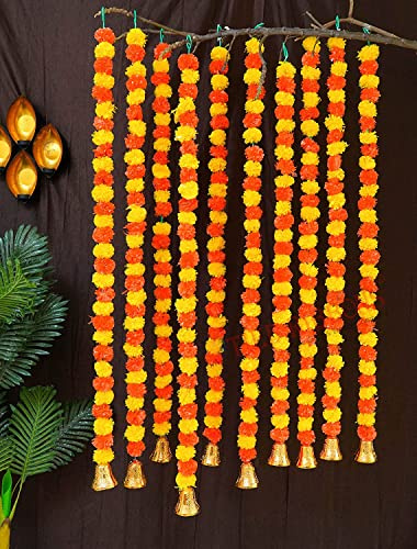 TIED RIBBONS 4 Feet Door Toran Bandhanwar (Set of 10) Artificial Marigold Flowers Garland with Golden Bells for Ganesh Chaturthi Decoration for Home | Yellow, Orange | Garland for Door Wall Hanging