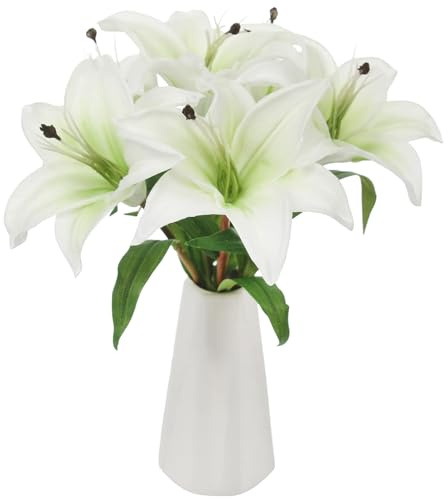 Tinsow 6 Pcs Artificial Lily Real Touch Fake Flowers Lily for Wedding Home Party Garden Shop Office Decoration Easter Lily (White, 6)