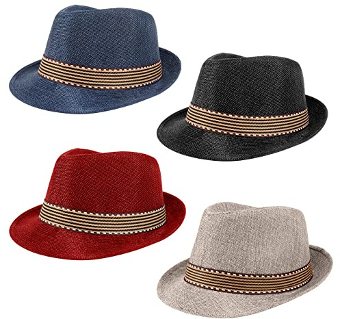Ultrafun 4 Pack Kids Fedora Hat Short Brim Straw Trilby Jazz Hat Summer Sun Beach Cap for Boys Girls 5-10 Years (Black+Wine Red+Khaki+Navy)