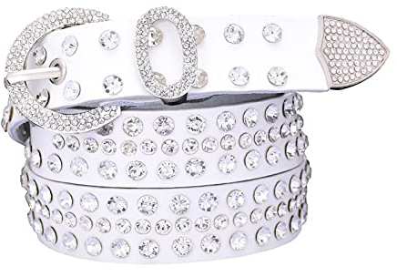 Elegantyl Leder-Strass-Gürtel für Frauen Glänzender Silber-Dornschnallen-Gürtel Damen-Jeans-Gürtel Breite 2,8cm, Weiß, 90cm