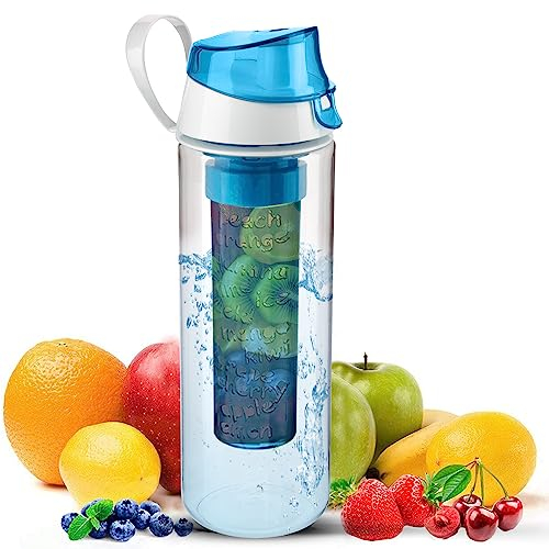 Homeshopa Fruit Infuser Water Bottle, BPA Free Flip Top Leak Proof Lid with Full Length Infusion Rod, Clear Plastic Fruit Infusion Gym Water Bottle for Sports, Camping and Travel, 22 Oz (Blue)