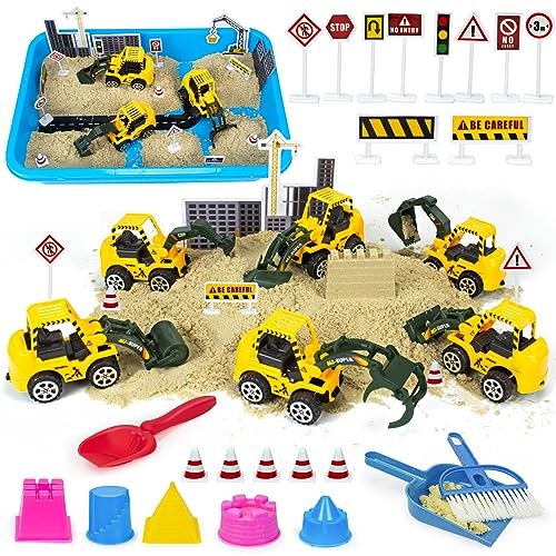 Construction Sensory Bin for Toddlers and Kids, Sand Kit with 2.2lbs Magic Sand, Vehicles, Castle Molds, Road Signs, Shovel, Preschool Learning Activities, Gifts for Boys and Girls, Age 3-5+