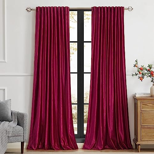 PRIMROSE Red Curtains 90 inch for Living Room Velvet Drapes Blackout Rod Pocket Back Tab Window Treatment Semi Room Darkening Decor Curtains for Bedroom Set of 2 Panels