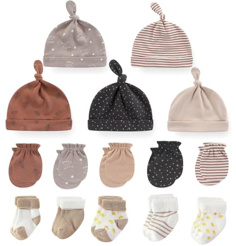 MAMIMAKA Baby Caps handskar och tjocka varma strumpor bomull nyfödda Essentials tillbehör (hattar + handskar+Terry strumpor), 0–6 månader, Set-12 kaffe/brun/khaki, 0-6 Månader