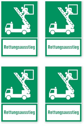 Aufkleber: 150x100 mm, 4 Stück - Rettungsausstieg - Rettungszeichen mit Text (deutsch) (grün/weiß) - hochkant - E017 - DIN EN ISO 7010 / ASR A1.3
