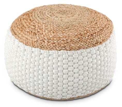 Amago home Sitzhocker Natur/weiß Sitzpouf Jute rund 50 x H 35 cm Deko Hocker Bodenkissen Fußhocker Farbe Weiss Jute Natur