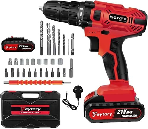 21V Cordless Power Drill 45Nm Max Cordless Hammer Drill with 1500mAh Battery 3/8 Keyless Chuck Electric Screwdriver Kit 25+1 Torque 2 Speed Combi Drill with LED Light, 26PCS Drill Bits for Home DIY
