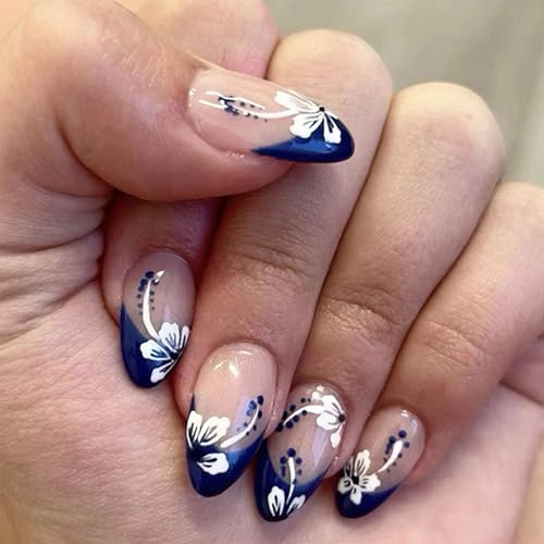Blaue French-Tip-Press-On-Nägel mit Blumenmuster, kurze Mandelform, künstliche Nägel, sommerliches weißes Blumenmuster, Acrylnägel für Frauen und Mädchen, Nagelkunst-Dekoration, 24 Stück