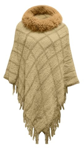 NLAND Poncho para Mujer Invierno Otoño Punto Elegante Capa Mujer Poncho de Gran Tamaño Envolturas a Cuadros Diseño de Flecos,Khaki