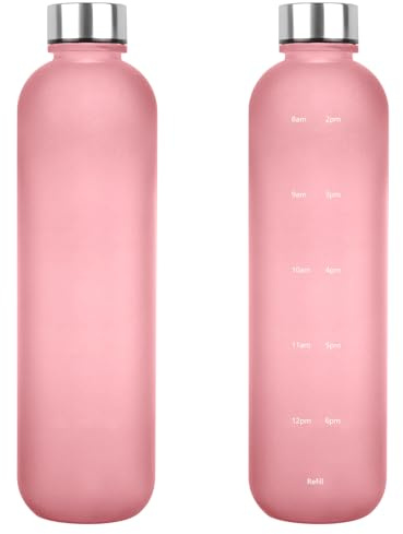 Borraccia sportiva motivazionale da 1000 ml; bottiglia d'acqua con indicatore del tempo di bevuta; a prova di perdite; in plastica senza BPA con tracolla (rosa opaco)