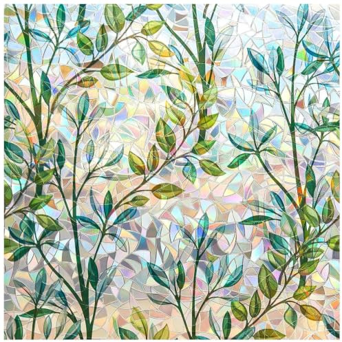 Finnez Fensterfolie Selbstklebend Sichtschutzfolie, Blätter 90 x 200 cm | Bunt Statische Folie Blickdichte Sichtschutzfolie Anti-UV Regenbogen Optik mit Motiv, Dekofolie für Wohnzimmer Küche Büro