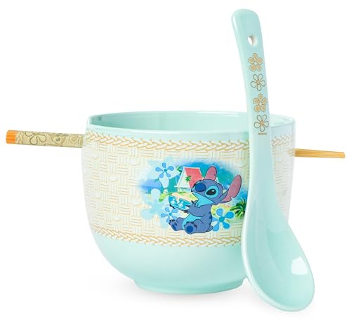 Silver Buffalo Disney Lilo and Stitch Slurping Noodles Ceramic Ramen Noodle Rice Bowl with Chopsticks and Spoon, Microwave Safe, 20 Ounces
