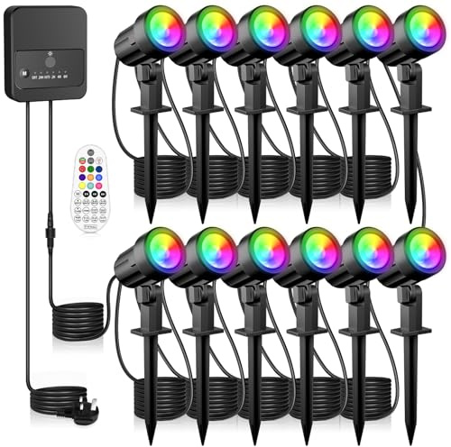 Linke RGB Garden Spotlights Mains Powered, 35m 12 in 1 Color Changing Outdoor Spotlight IP66 Waterproof LED Landscape Lights Decorative Pathway Spike Light for Yard Lawn Patio Tree
