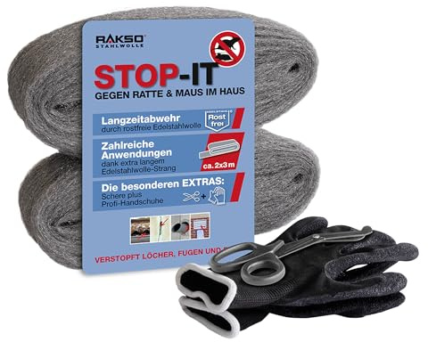 RAKSO STOP-IT Edelstahlwolle – 2 x 3 m rostfreie Stahlwolle zum Abdichten, Schleifen & Isolieren – langlebiges Dichtmaterial für Haus & Garten – inkl. Schere & Handschuhe – 100% chemiefrei