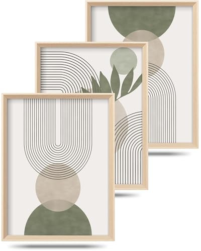 HesenDot A3 Boho Grün Wandbilder mit Rahmen 3er, 30x40cm | Hochrahmen, Abstrakte Geometrie Leinwanddrucke, Moderne Wandkunst für Wohnzimmer Schlafzimmer Flur Bad Büro