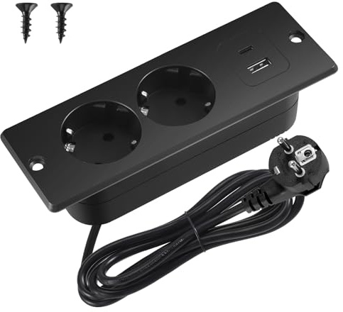 Tischplatte Steckdose mit USB C,Tischsteckdose Doppelstecker für Tischplatte oder Arbeitsflächen,Schreibtisch Steckdose,Einbausteckdose mit USB,2 Fach Einbausteckdose mit 2m Kabel,für Konferenztisch